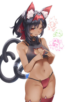 2_tails barcode barcode_on_head barcode_tattoo bell bell_collar black_bra black_clothing black_hair black_underwear bra breasts camera cat_lingerie cleavage_cutout clothing collar cutout dark_body dark_skin eyebrow_through_hair eyebrows female flesh_fang gesture group hair hand_gesture index_to_index inner_ear_fluff legwear lingerie machine male multi_tail navel nervous nervous_smile panties ponytail red_clothing red_eyes red_hairband red_legwear red_panties red_thigh_highs red_underwear small_breasts tail tattoo thigh_highs thumbs_up translucent translucent_hair tuft underwear white_inner_ear_fluff aragiken asian_mythology east_asian_mythology japanese_mythology mihoyo mythology zenless_zone_zero anby_demara billy_kid nekomiya_mana nicole_demara animal_humanoid cat_humanoid felid felid_humanoid feline feline_humanoid human humanoid mammal mammal_humanoid nekomata robot thiren yokai absurd_res hi_res