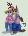 anthro barefoot bottomwear breasts brown_body brown_fur buckteeth cheek_tuft clothing duo facial_tuft feet female fur grey_body grey_fur hat head_tuft headgear headwear male open_mouth open_smile pants pink_nose purple_eyes shirt simple_background smile standing teeth tongue topwear tuft thebmeister disney zootopia br'er_rabbit judy_hopps lagomorph leporid mammal rabbit 2016 hi_res