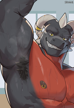 abs anthro areola armpit_fetish armpit_hair barazoku black_areola bodily_fluids body_hair looking_at_viewer male musk nipple_piercing nipple_ring nipples piercing raised_arm ring_piercing showing_armpit smile solo sweat yellow_eyes shugggie mythology dragon mythological_creature mythological_scalie scalie hi_res