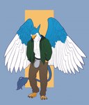 abs beak bottomwear bulge clothing feathered_wings feathers jacket male pants simple_background solo standing tail topwear wings blazingifrit mythology jericko_(germanshepherd69) avian gryphon mythological_avian mythological_creature digital_drawing_(artwork) digital_media_(artwork) hi_res