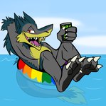 anthro claws fangs feet fur green_body green_fur grey_body grey_fur inflatable inner_tube male paws red_eyes smile solo tail tail_tuft teeth toony tuft water wet yellow_body yellow_fur fatalsyndrome monster_energy brom_(sahurus) sergal hi_res