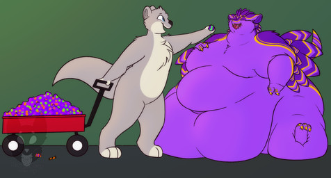 3_claws 3_fingers 3_toes anthro belly big_belly biped candy claws dessert duo eating eating_candy eyes_closed feathers feeding feet fingers food fur green_background grey_body grey_fur holidays huge_belly male male/male male_anthro morbidly_obese morbidly_obese_anthro morbidly_obese_male obese obese_anthro obese_male overweight overweight_anthro overweight_male purple_body purple_feathers red_wagon simple_background toes vehicle wagon weight_gain winged_arms wings strawberrymilkdog halloween mochi_(icanhazbrgr) avali mammal mustelid otter hi_res