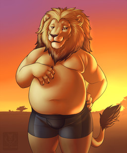 5_fingers anthro belly black_clothing black_underwear boxer_briefs clothed clothing fingers half-closed_eyes hand_on_hip looking_away male narrowed_eyes navel outside overweight overweight_anthro overweight_male smile solo standing sunset tail underwear underwear_only yellow_eyes vallhound felid lion mammal pantherine 2015 digital_media_(artwork) hi_res portrait three-quarter_portrait watermark