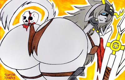 anthro armor axe battle_axe bent_over big_breasts big_butt biped blood blue_eyes bodily_fluids bone bottomwear breasts butt clothed clothed_anthro clothed_female clothing cosplay crossover_cosplay female female_anthro hair hair_over_eye huge_breasts huge_butt loincloth long_hair looking_at_viewer looking_back presenting presenting_hindquarters simple_background skull solo thick_thighs theloanwanderer216 pseudoregalia warhammer_(franchise) warhammer_40000 sybil_(pseudoregalia) beastman_(warhammer) bovid caprine felid goat gor_(beastmen) hybrid mammal absurd_res colored crossover hi_res traditional_media_(artwork)