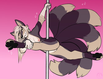 anthro barely_visible_genitalia barely_visible_vulva breasts dancing feet female foot_focus genitals hindpaw looking_at_viewer nipples nude pawpads paws pole pole_dancing smile solo stripper_pole vulva carifoxleopard canid canine mammal