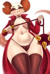 anthro bikini bikini_bottom bikini_thong bikini_top blush breasts camel_toe cloak clothed clothing female fur looking_at_viewer morgenstern notched_ear red_eyes smile solo swimwear tail topwear two-piece_swimsuit cocicka conditional_dnp mina_the_hollower yacht_club_games mina_(mina_the_hollower) mammal mouse murid murine rat rodent 2024 hi_res