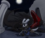 ambiguous_gender anthro back_spines belt black_eyes blue_clothing blue_topwear bottomwear brown_belt brown_bottomwear brown_cape brown_clothing brown_gloves brown_handwear brown_pants cape clothed clothing cosplay crossover_cosplay duo empty_eyes feral fingers forked_tongue fully_clothed gloves handwear leg_armor moon night open_mouth outside pants pouch_(clothing) red_body reflection sharp_teeth standing tail teeth tongue topwear water white_body wide_stance marielx dark_souls fromsoftware rain_world videocult lizard lizard_(rain_world) red_lizard_(rain_world) reptile scalie slugcat 2025 cel_shading crossover digital_media_(artwork) shaded