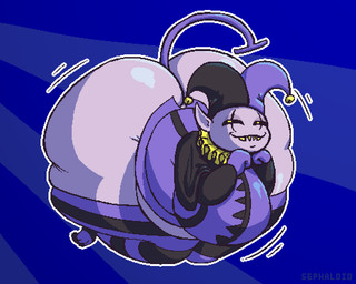 belly big_belly big_breasts big_butt breasts butt clothed clothing crossgender female headgear headwear huge_breasts huge_butt huge_hips huge_thighs hyper hyper_butt hyper_hips hyper_thighs jester legwear looking_at_viewer mtf_crossgender not_furry outline sharp_teeth simple_background smile solo stockings teeth thick_thighs white_outline wide_hips sephaloid deltarune undertale_(series) jevil_(deltarune) darkner humanoid 2020 5:4 aliasing digital_media_(artwork)