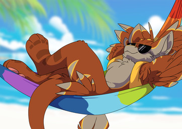 4_ears anthro beach brown_body brown_fur crossed_legs eyewear feathered_wings feathers fur grey_body grey_fur hammock hands_behind_head male multi_ear palm_tree pawpads paws plant relaxing smile solo sunglasses tail tail_tuft tapering_tail tree tuft wings yellow_body yellow_fur ashley-arctic-fox peregrine_anatum avali absurd_res hi_res