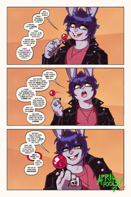 3_panel_comic anthro candy chin_tuft clothing dessert dialogue facial_tuft food fur hair half-closed_eyes holidays jacket leather leather_clothing leather_jacket leather_topwear lollipop male narrowed_eyes open_mouth open_smile purple_body purple_fur purple_hair smile solo speech_bubble text topwear tuft naughtyjester april_fools'_day arthur_(lapinbeau) lagomorph leporid mammal rabbit comic english_text hi_res