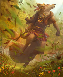action_pose animal_skin anthro brown_body brown_fur digitigrade flower fur grass holding_melee_weapon holding_object holding_polearm holding_spear holding_weapon jewelry looking_up loose_feather male melee_weapon pendant plant polearm pose solo spear tail weapon xavier_ribeiro hex:_shards_of_fate canid canine mammal 2016 hi_res official_art