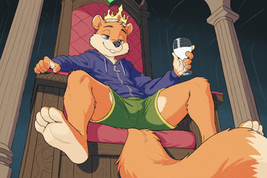 4_toes 5_fingers anthro barefoot blue_eyes bottomwear buckteeth castle chair clothed clothing container crown cup drinking_glass feet fingers fur furniture glass glass_container glass_cup headgear headwear inside jacket king looking_down male milk on_chair orange_body orange_fur royalty shorts sitting sitting_on_chair smile solo tail teeth throne toes topwear wine_glass zipper galio69 conker's_bad_fur_day rareware conker mammal rodent sciurid tree_squirrel 2025 digital_media_(artwork) hi_res