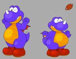 ambiguous_gender anthro ball clothing duo fangs footwear footwear_only gridiron_ball horn mostly_nude multicolored_body one_eye_closed purple_body shoes shoes_only simple_background sound_effects surprise surprised_expression teeth two_tone_body wings wink fenillavee mario_bros nintendo reptile rex_(mario) scalie hi_res