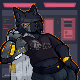 anthro black_body black_fur bottomwear bulge clothing cybernetic_arm cybernetic_eye cybernetic_limb cybernetics fur machine male orange_eyes smug solo nagifur sypher_(nagifur) cyborg domestic_cat felid feline felis mammal 1:1 2d_animation animated animated_gif digital_media_(artwork) loop short_playtime