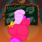 anthro big_breasts big_butt breasts butt butt_slap butt_squish chalkboard clothing curvy_figure detailed_background dress duo exclamation_point eyelashes female fin hair hourglass_figure huge_breasts huge_butt information_board larger_female multicolored_body multicolored_scales orange_body orange_scales pink_body pink_hair pink_scales scales size_difference slap smile spanking squish student surprise teacher teacher_and_student text thick_thighs voluptuous wide_hips yellow_body yellow_scales 3barts freddi_fish_(series) humongous_entertainment freddi_fish mrs._croaker fish marine 1:1 2019 8k absurd_res digital_media_(artwork) english_text hi_res