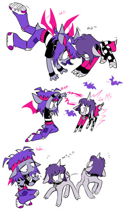 1_horn 2_horns 3_fingers 4_fingers accessory all_fours anthro anthro_to_feral anus black_eyes bottomwear butt clothing collar crouching dialogue dress duo emanata exclamation_point eye_contact female female/female feral feralized fingers flapping_wings footwear freckles fur genitals grey_body grey_fur hair half-closed_eyes headband headbutt hooves horn knee_pads kneeling legs_up looking_at_another looking_at_self magic medium_hair motion_lines mouthless narrowed_eyes occult_symbol open_mouth pants pattern_clothing pattern_dress pentagram polka_dot_legwear purple_hair shirt shoes simple_background skirt striped_clothing striped_dress stripes symbol t-shirt tail teeth text tiptoes tongue topwear transformation vulva white_background wristband young young_anthro young_female young_on_young bwrd alexis_(corn_kidz_64) ally_(final_freekend) ambient_bat bovid caprine caprine_demon demon goat goat_demon mammal 2024 absurd_res hi_res