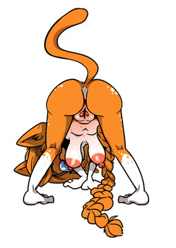anthro anus areola belly big_areola big_breasts big_hair blush braided_hair braided_ponytail breasts butt downward_dog downward_dog_pose eyewear female fur genitals glasses hair long_hair multicolored_body multicolored_fur navel nipples nude nude_anthro nude_female orange_body orange_butt orange_fur orange_hair orange_inner_ear orange_legs orange_spots pink_anus pink_areola pink_nipples pink_nose ponytail pose presenting presenting_anus presenting_hindquarters presenting_vulva simple_background solo spots vulva wearing_glasses white_background white_belly white_body white_breasts white_fur white_legs white_spots white_vulva scott_ramsoomair vglewds vg_cats april_(vg_cats) domestic_cat felid feline felis mammal absurd_res hi_res pinup