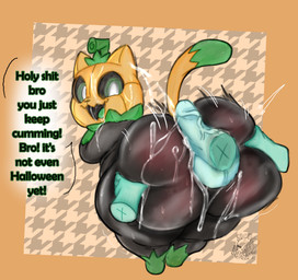 anthro balls big_butt black_body blush bodily_fluids bottom_heavy butt butt_grab cum cum_everywhere cum_inside cum_on_face cum_string cumshot disembodied_hand disembodied_penis duo ejaculation erection food for_a_head fruit genital_fluids genitals ghost_hand glans hand_on_butt hot_dogging huge_butt huge_thighs humanoid_genitalia humanoid_penis hyper hyper_butt looking_at_viewer male messy nude open_mouth orgasm penile penis plant pumpkin pumpkin_head sex shortstack shortstack_male simple_background smile solo_focus tail text thick_thighs tongue wide_hips smolreapy pumkat domestic_cat elemental_creature felid feline felis flora_fauna food_creature mammal object_head absurd_res digital_media_(artwork) english_text hi_res