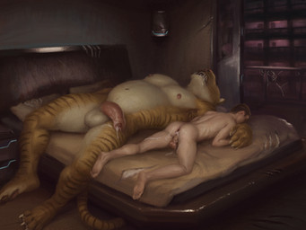 after_anal after_sex anthro anus areola backsack balls bed bedroom big_balls big_penis biped bodily_fluids brown_hair butt claws cum cum_drip cum_from_ass cum_from_penis cum_in_ass cum_inside cum_on_butt cum_on_penis cum_string dripping duo feet feline_tail flaccid foreskin fur furniture gaping gaping_anus genital_fluids genitals glans hair human_on_anthro humanoid_genitalia humanoid_penis inside interspecies larger_anthro larger_male long_tail lying male male/male markings nipples nude_anthro nude_human nude_male on_back on_bed on_front open_mouth orange_body orange_fur partially_retracted_foreskin pawpads paws penis perineum saliva saliva_drip short_hair size_difference sleeping smaller_human smaller_male striped_markings stripes tail tan_body tan_fur toe_claws toes orcfun felid human hybrid liger mammal pantherine 2025 4:3 colored hi_res