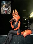 anthro black_nose boots clothed clothing dipstick_tail duo electronics female footwear fur grey_body grey_fur half-closed_eyes high_heeled_boots high_heels legwear male male/female markings microphone narrowed_eyes open_mouth orange_body orange_fur photo_background red_nose shoes singing tail tail_markings teeth thigh_boots thigh_highs topwear vest abluedeer dreamworks fan_screaming_at_madison_beer_performance the_bad_guys diane_foxington mr._wolf_(the_bad_guys) canid canine canis fox mammal wolf 2024 hi_res meme photography_(artwork)