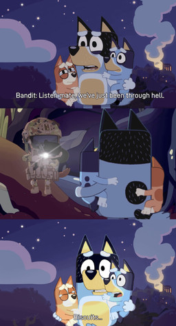 ambiguous_gender anthro assault_rifle automatic_rifle automatic_weapon belly black_eyes blue_body blue_fur bodily_fluids boots bullpup bullpup_rifle carrying_another clothing cloud combat_boots countershading dark_body dark_fur dialogue female fire flashlight footwear fur gas_mask group gun holding_another holding_gun holding_object holding_ranged_weapon holding_weapon imminent_death light male male/female mask military_clothing military_helmet military_jacket military_vest multicolored_body multicolored_fur night parody plant pointing_gun ranged_weapon rifle scared shoes sky smoke standing star starry_sky steyr_aug tail talking_to_another tears text tree visor weapon yellow_belly yellow_body yellow_countershading yellow_inner_ear unknown_artist bluey_(series) naughty_dog sony_corporation sony_interactive_entertainment steyr_arms the_last_of_us bandit_heeler bingo_heeler bluey_heeler rusty's_dad_(bluey) australian_cattle_dog canid canine canis cattledog domestic_dog herding_dog mammal pastoral_dog english_text hi_res lighting daughter_(lore) father_(lore) father_and_child_(lore) father_and_daughter_(lore) parent_(lore) parent_and_child_(lore) parent_and_daughter_(lore)