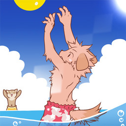 5_fingers anthro arms_above_head ball blue_sky bottomwear claws clothed clothing day detailed_background duo fingers half_submerged male navel open_mouth open_smile outside partially_submerged shorts sky smile sun swimming_trunks swimwear tail toony topless water young young_anthro tsubutekuro canid canine canis domestic_dog mammal 1:1 low_res