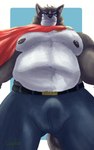 anthro belly big_moobs bottomwear butt clothed clothing denim denim_bottomwear denim_clothing fur jeans lying male moobs muscular muscular_male nipples on_front pants simple_background smile solo tail lupice adastra adastra_(series) echo_project amicus_(adastra) canid canine canis mammal wolf 2025 5:8 digital_media_(artwork) hi_res