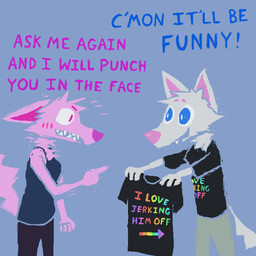 anthro black_clothing black_shirt black_t-shirt black_topwear blue_background blue_eyes breasts clothed clothing duo fangs female fur grey_body grey_fur holding_clothing holding_object holding_shirt holding_t-shirt holding_topwear male open_mouth open_smile pink_body pink_fur rainbow_text shirt simple_background smile t-shirt teeth text text_on_clothing text_on_shirt text_on_topwear topwear demensa canid canine canis domestic_dog mammal 1:1 2024 english_text hi_res portrait three-quarter_portrait