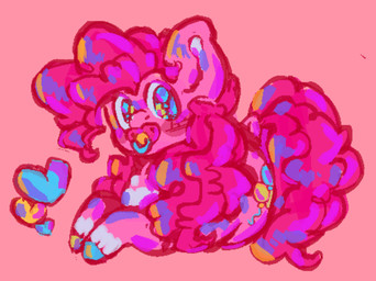 age_regression big_ears big_eyes blue_eyes curly_hair cutie_mark female feral floating_heart fur hair heart_symbol looking_at_viewer lying markings object_in_mouth on_front pacifier pacifier_in_mouth pink_body pink_fur pink_hair slightly_chubby slightly_chubby_female slightly_chubby_feral solo white_markings kibblecringe friendship_is_magic hasbro my_little_pony pinkie_pie_(mlp) earth_pony equid equine horse mammal pony