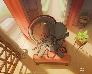 3_toes 5_fingers all_fours ambiguous_gender anthro bed butt column curtains day detailed_background feet fingers fur furniture garden greek_pottery harness hedge holding_leash holding_object horn kneeling leash looking_at_viewer male marble multicolored_body on_bed plant plant_pot potted_plant shrub smile smile_at_viewer solo tail toes vase viewed_from_above kripi european_mythology greek_mythology mythology mak mak_(character) dragon felkin furred_dragon furred_scalie mythological_creature mythological_scalie scalie absurd_res hi_res