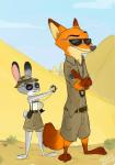 anthro clothing desert duo eyewear female fur male sunglasses frava8 disney zootopia judy_hopps nick_wilde canid canine fox lagomorph leporid mammal rabbit red_fox true_fox 2017 absurd_res hi_res