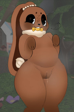 anthro big_ears black_eyes bodily_fluids brown_body brown_fur candy candy_in_mouth dessert eyelashes female flat_chested floppy_ears food front_view fur genital_fluids genitals long_ears looking_at_viewer lop_ears neck_tuft nude slightly_chubby smile solo thick_thighs tuft vaginal_fluids vulva wide_hips mamasoyanini blushcrunch_studio dandy's_world cocoa_(dandy's_world) lagomorph leporid mammal rabbit toon_(dandy's_world)