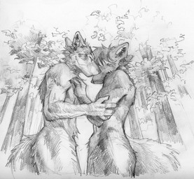 anthro anthro_on_anthro duo eyes_closed hand_on_arm kissing male male/male nude outside plant side_view standing tail tree akatan_art canid canine mammal graphite_(artwork) hi_res monochrome sketch traditional_media_(artwork)