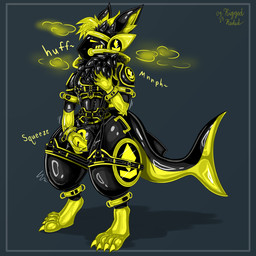 black_latex bulge_rub bulge_rubbing chain cuff_(restraint) cuffs_(clothing) gas_canister goo_transformation handle handles_on_hips handles_on_thighs harness latex latex_body latex_fur leg_cuffs lock_bulge lock_symbol machine male null_bulge null_bulge_squeeze protogen_visor restraints shark_tail transformation wrist_cuffs yellow_latex riggedreded protogen 1:1 2025 hi_res