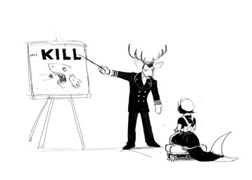 anthro antlers arm_bite chomping clothing duo easel female horn humor maid_uniform male military_uniform pointer presentation sitting text uniform hladilnik deer_admiral_(hladilnik) lonely_shark_(hladilnik) aquatic deer fish mammal shark 2026 black_and_white english_text hi_res monochrome