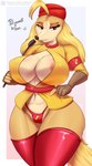 2022 anthro areola areola_slip big_breasts breasts camel_toe canid canine canis cleavage clothed clothing conditional_dnp cuphead_(game) dialogue domestic_dog english_text female fur hat headgear headwear hi_res huge_breasts hunting_dog legwear mammal nexcoyotlgt panties riding_crop saluki sgt._o'fera_(cuphead) sighthound simple_background smile solo standing tan_body tan_fur text thick_thighs thigh_highs underwear whip wide_hips