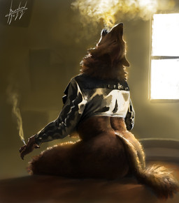 anthro bed black_clothing black_jacket black_topwear bottomless breasts brown_body brown_fur butt cigarette claws clothed clothing female fingers fur furniture holding_cigarette holding_object inside jacket on_bed open_mouth shadow sitting sitting_on_bed smoke smoke_from_mouth smoking solo text topwear whiskers window blulesnsfw canid canine canis mammal wolf 2022 absurd_res artist_name digital_media_(artwork) hi_res shaded signature