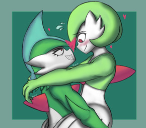 blush duo gynomorph intersex intersex/male lifting_partner male smile smug_grin rovgrinski nintendo pokemon gallade gardevoir generation_3_pokemon generation_4_pokemon humanoid pokemon_(species) absurd_res hi_res