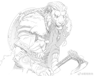 anthro armor axe battle_axe blind_eye braided_hair clothed clothing eye_scar facial_scar fluffy fluffy_tail fur hair holding_axe holding_battle_axe holding_melee_weapon holding_object holding_weapon long_hair looking_at_viewer male melee_weapon nordic norse open_mouth round_shield scar shield shield_on_back simple_background solo standing tail topwear viking waist_belt warrior weapon white_background wraps wrist_wraps yoshi.kaoru assassin's_creed ubisoft felid lion mammal pantherine monochrome sketch