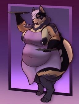 anthro apron apron_only belly big_breasts big_butt bodily_fluids breasts butt clothing ear_piercing ear_ring facial_piercing female hair lactating lips neck_tuft nose_piercing nose_ring overweight piercing purple_eyes ring_piercing shortstack simple_background solo standing thick_bottom_lip thick_thighs tuft white_hair wide_hips noctiribean lexi(noctiri) canid canine canis domestic_dog herding_dog mammal pastoral_dog welsh_corgi hi_res
