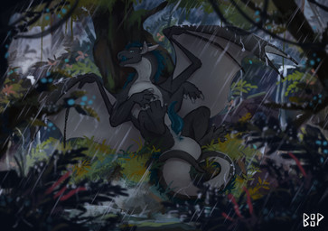 blue_body blue_fur feral forest fur genitals lying male on_back penis plant raining solo spread_wings tapering_penis tree wings small_boop mythology kyu_(oc) dragon mythological_creature mythological_scalie scalie hi_res