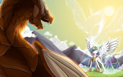 blue_eyes crown cutie_mark duo empty_eyes feathered_wings feathers female feral green_hair hair headgear horn long_hair multicolored_hair open_mouth pink_hair plow_yoke purple_hair quadruped sun tail tiara white_eyes wings valcron friendship_is_magic hasbro my_little_pony mythology princess_celestia_(mlp) dragon equid equine mammal mythological_creature mythological_equine mythological_scalie scalie winged_unicorn 16:10 absurd_res hi_res widescreen