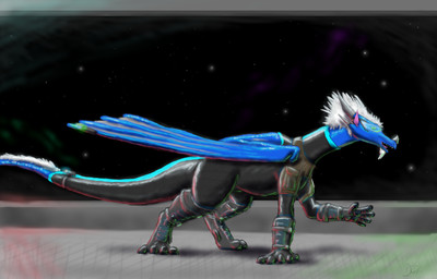 ambiguous_gender blue_body bodysuit boots clothed clothed_feral clothing eyewear facial_hair facial_horn feral footwear furgonomics glasses goatee horn mane nose_horn quadruped science_fiction shoes side_view skinsuit solo space standing star tail_fur tight_clothing white_facial_hair white_goatee white_mane doraneirok mythology dragon mythological_creature mythological_scalie scalie 2016 hi_res