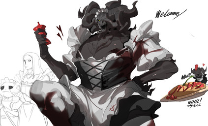 1_eye black_body blood bodily_fluids clothed clothing crossdressing crossdressing_male food hand_on_hip heart_symbol horn ketchup_bottle maid_uniform missing_eye sharp_teeth simple_background teeth text uniform yellow_eyes ashthepenguin elden_ring fromsoftware mohg_lord_of_blood varre_(elden_ring) albinauric absurd_res english_text hi_res signature sketch