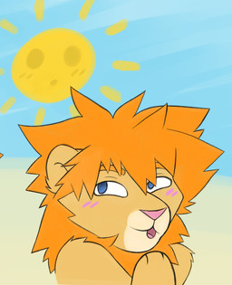 anthro blue_eyes blush cheek_tuft clothed clothing facial_tuft fur grin hair happy male mane narrowed_eyes orange_hair orange_mane outside simple_background sky smile solo sun tan_body tan_fur topless tuft yellow_body yellow_fur emmycrew scratch21 matt_(scratch21) felid lion mammal pantherine 2019 digital_drawing_(artwork) digital_media_(artwork) hi_res