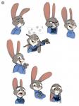 angry anthro buckteeth clothing crossed_arms ears_down female fur gesture grey_body grey_fur hand_gesture open_mouth open_smile pivoted_ears pointing police police_uniform sad simple_background smile solo teeth tranquilizer uniform white_background unknown_artist disney zootopia judy_hopps lagomorph leporid mammal rabbit 3:4