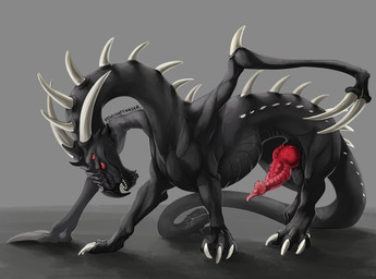 4_eyes 6_limbs animal_genitalia animal_penis balls beak big_mouth_(anatomy) big_penis black_body claws feral genitals grey_background horn knot long_tail male multi_eye penis red_eyes red_penis simple_background solo spikes tail unusual_anatomy unusual_genitalia unusual_penis vein veiny_balls venlightchaser mythology despair_(mcfan) dragon hybrid monster mythological_creature mythological_scalie scalie 2021 colored shaded