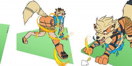 all_fours black_body black_fur brown_hair butt clothed clothing evolutionary_stone eyes_closed feral fire fire_stone fur fur_growth growth hair jewelry loss_of_dexterity male mane necklace open_mouth orange_body orange_fur pawpads rock simple_background snout snout_growth solo tan_body tan_fur torn_clothing transformation defias27_(artist) nintendo pokemon arcanine canid canine generation_1_pokemon human mammal pokemon_(species)