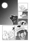 bovid canid canine canis caprine comic duo eyes_closed feral gabu goat greyscale kemono male mammal mei_(one_stormy_night) monochrome one_stormy_night open_mouth teeth tongue unknown_artist wolf