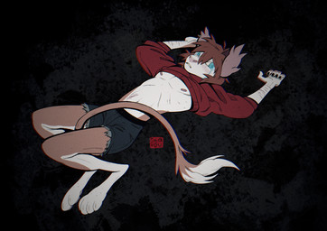 4_toes 5_fingers abstract_background anthro areola arm_scar arms_bent athletic athletic_anthro athletic_male bangs barefoot bent_legs bodily_fluids bottomwear clothed clothed_anthro clothed_male clothing crying denim denim_bottomwear denim_clothing denim_shorts digitigrade ear_piercing ear_ring feet fingernails fingers front_view fully_clothed fully_clothed_anthro fully_clothed_male hair humanoid_hands inner_ear_fluff iris logo long_tail looking_at_viewer male male_anthro medium_hair midriff nails parted_lips piercing pose pupils raised_clothing raised_sweater raised_topwear ring_piercing scar self-harm_scars shorts slim slim_anthro slim_male solo sweater tail tail_between_legs tail_tuft tears three-quarter_view toes topwear tuft geaidu bovid canid canine canis caprine domestic_dog goat mammal absurd_res artist_logo full-length_portrait hi_res pinup portrait